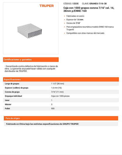 Caja 1000 grapas 7/16 pulg 38 mm