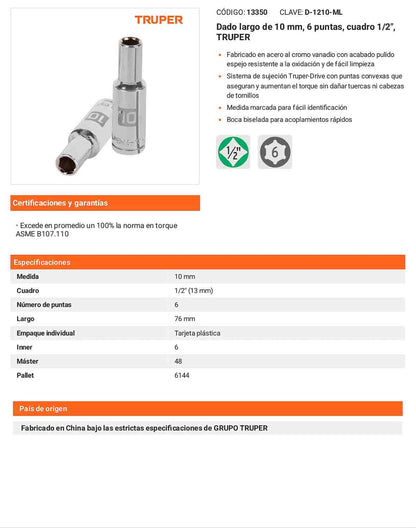 Dado largo 10 mm 6p cuadro 1/2pulg