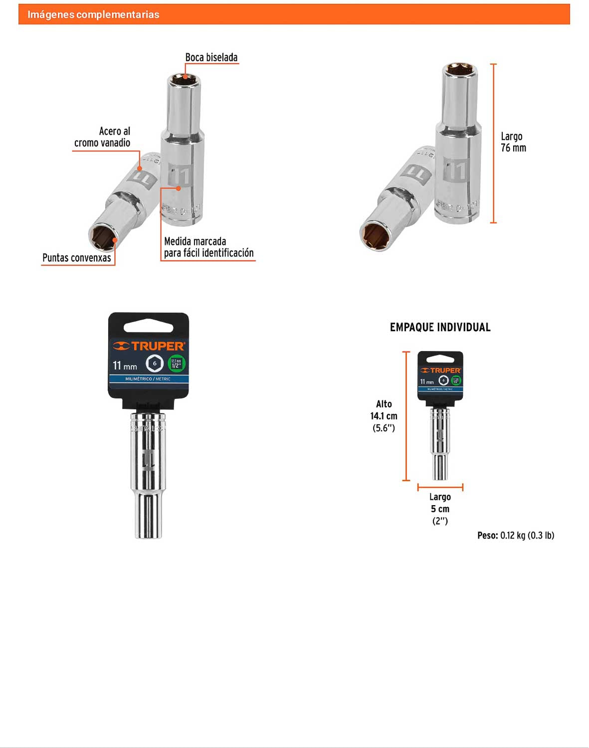 Dado largo 11 mm 6p cuadro 1/2pulg