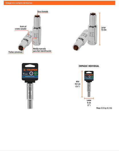 Dado largo 11 mm 6p cuadro 1/2pulg