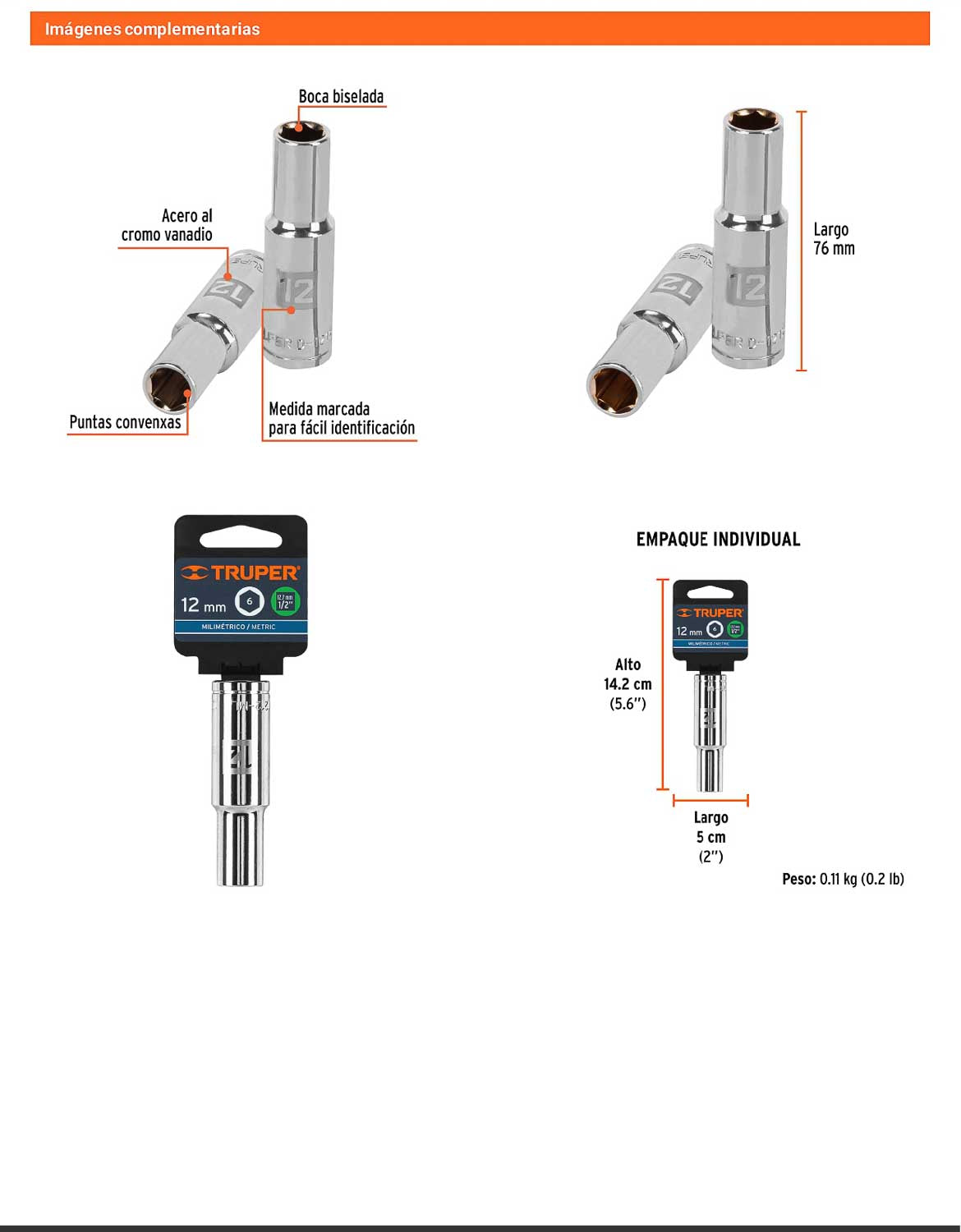 Dado largo 12 mm 6p cuadro 1/2pulg