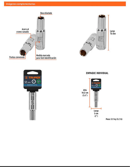 Dado largo 12 mm 6p cuadro 1/2pulg