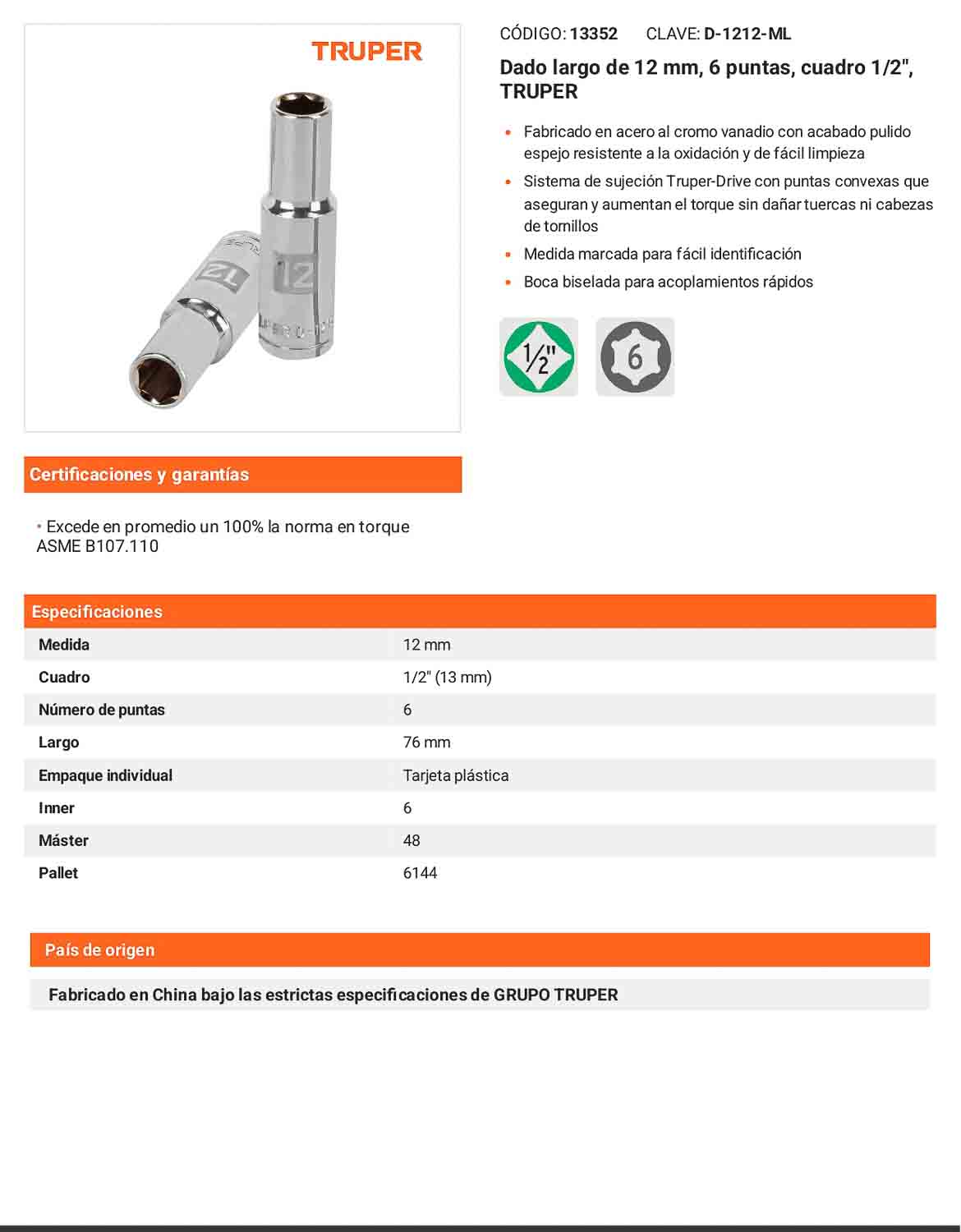 Dado largo 12 mm 6p cuadro 1/2pulg