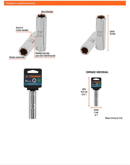 Dado largo 14 mm 6p cuadro 1/2pulg