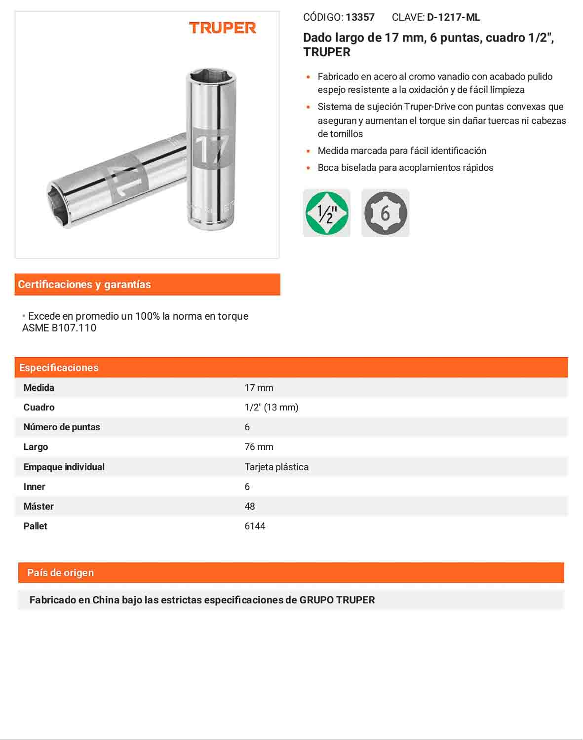 Dado largo 17 mm 6p cuadro 1/2pulg
