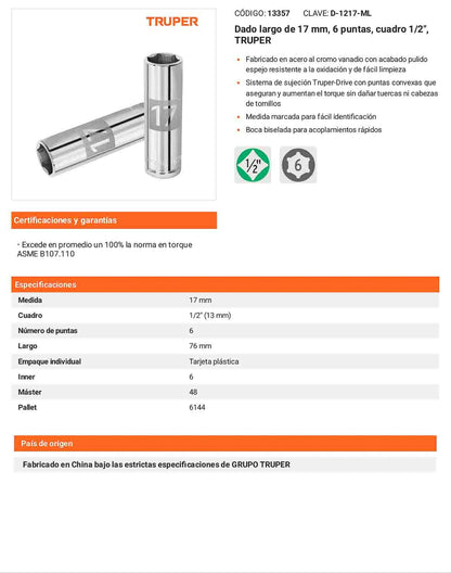Dado largo 17 mm 6p cuadro 1/2pulg