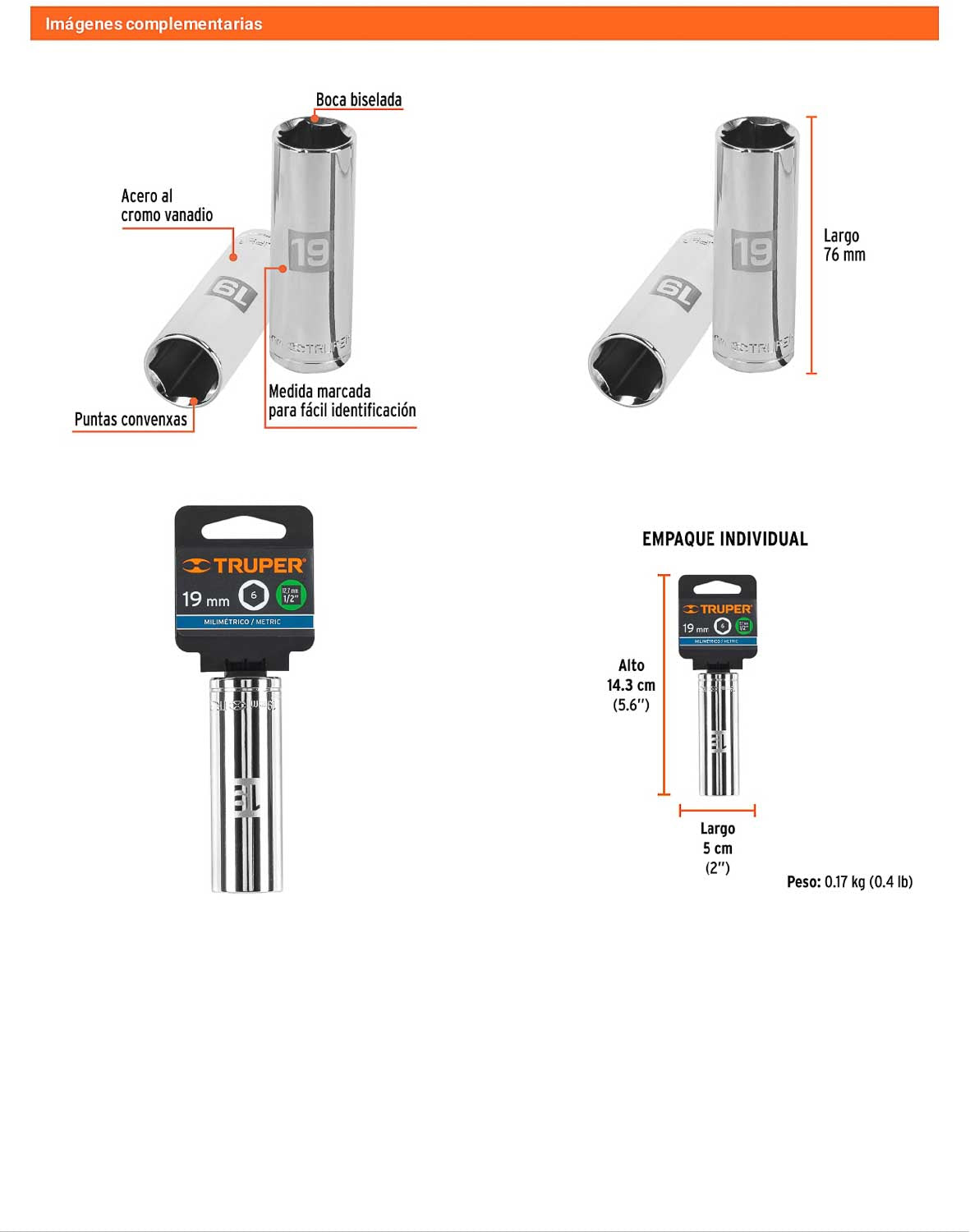 Dado largo 19 mm 6p cuadro 1/2pulg
