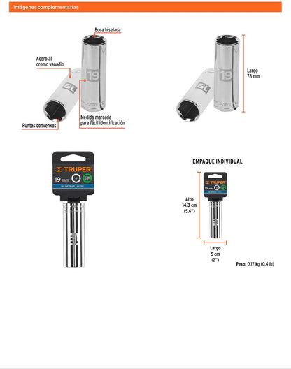 Dado largo 19 mm 6p cuadro 1/2pulg