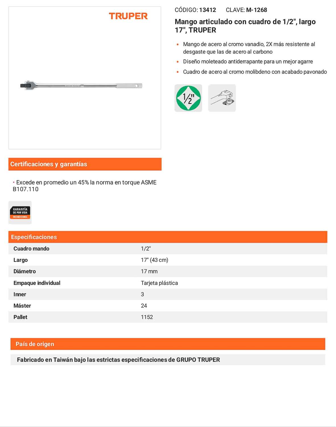 Mango articulado cuadro 1/2 pulg 17 pulg
