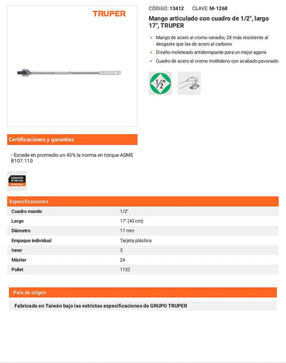Mango articulado cuadro 1/2 pulg 17 pulg