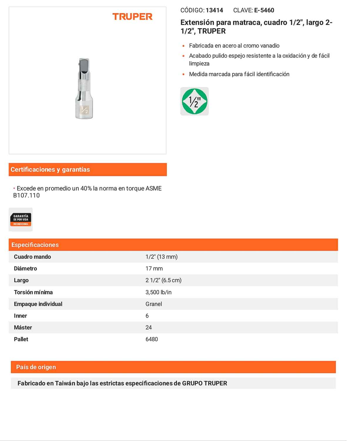Extensión matraca cuadro 1/2 pulg 2-1/2 pulg