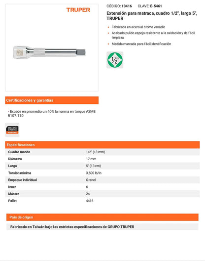 Extensión matraca cuadro 1/2 pulg 5 pulg
