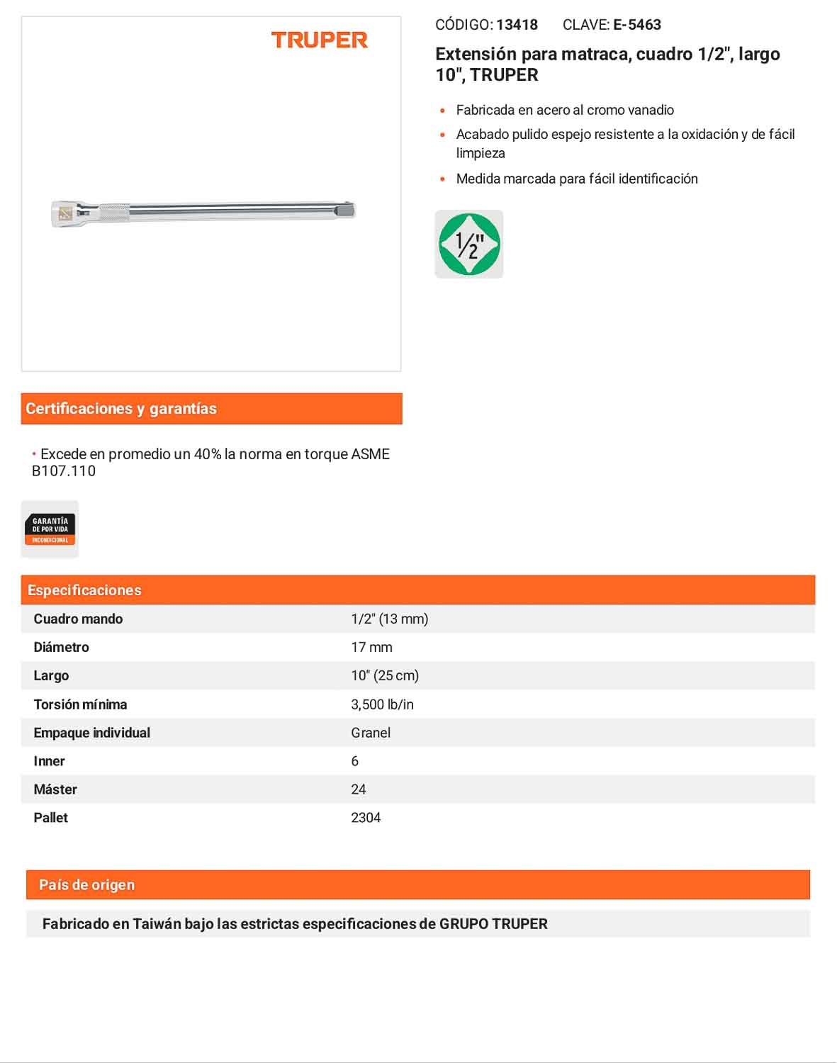 Extensión matraca cuadro 1/2 pulg 10 pulg