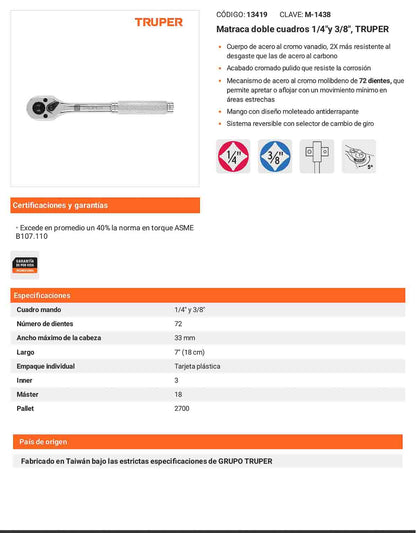 Matraca doble cuadros 1/4pulg y 3/8pulg
