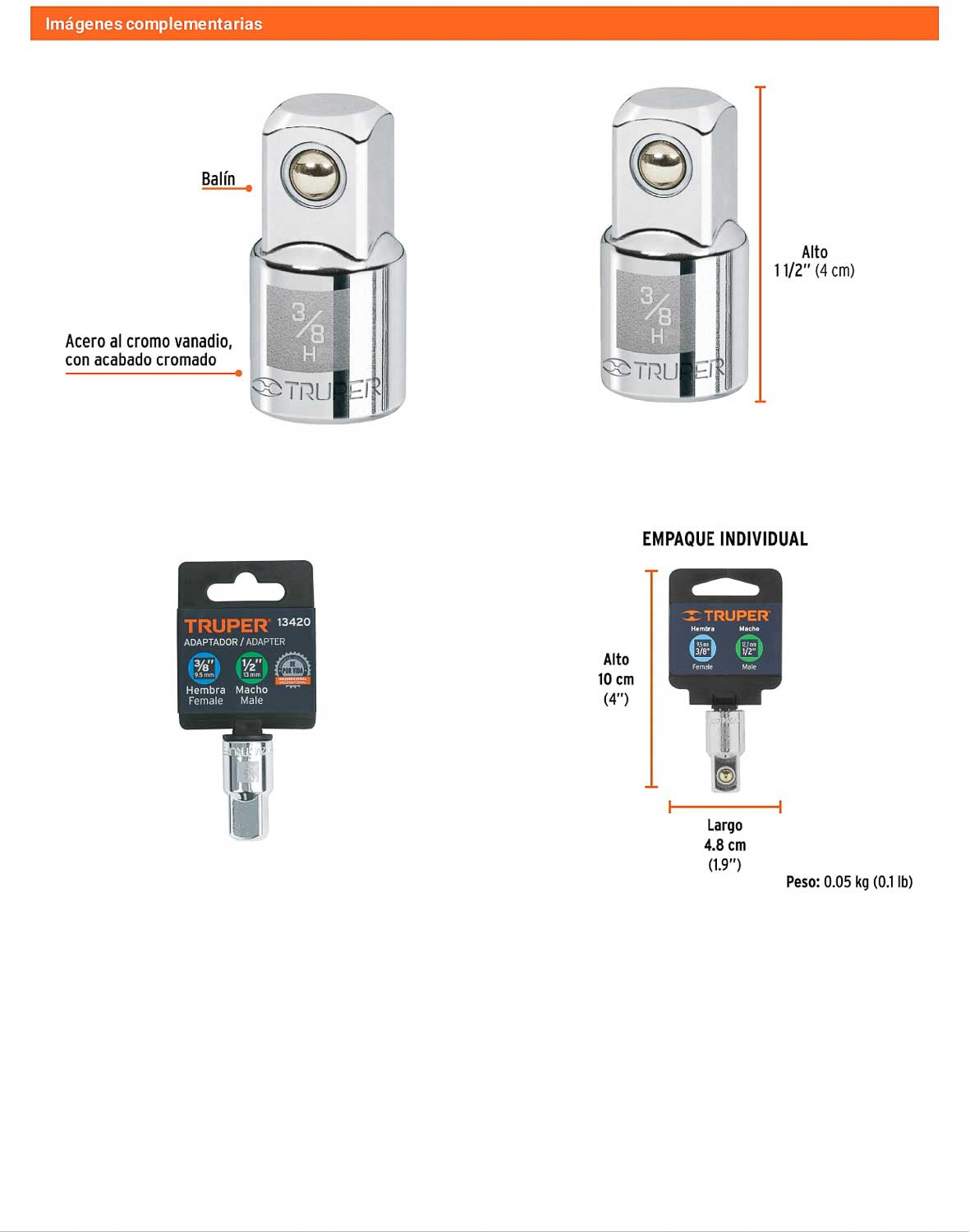 Adaptador matraca 3/8 pulg a 1/2 pulg