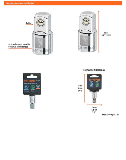 Adaptador matraca 3/8 pulg a 1/2 pulg