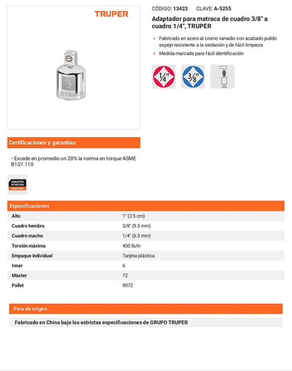 Adaptador matraca 3/8 pulg a 1/4 pulg