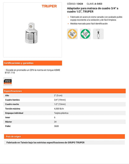 Adaptador matraca 3/4 pulg a 1/2 pulg