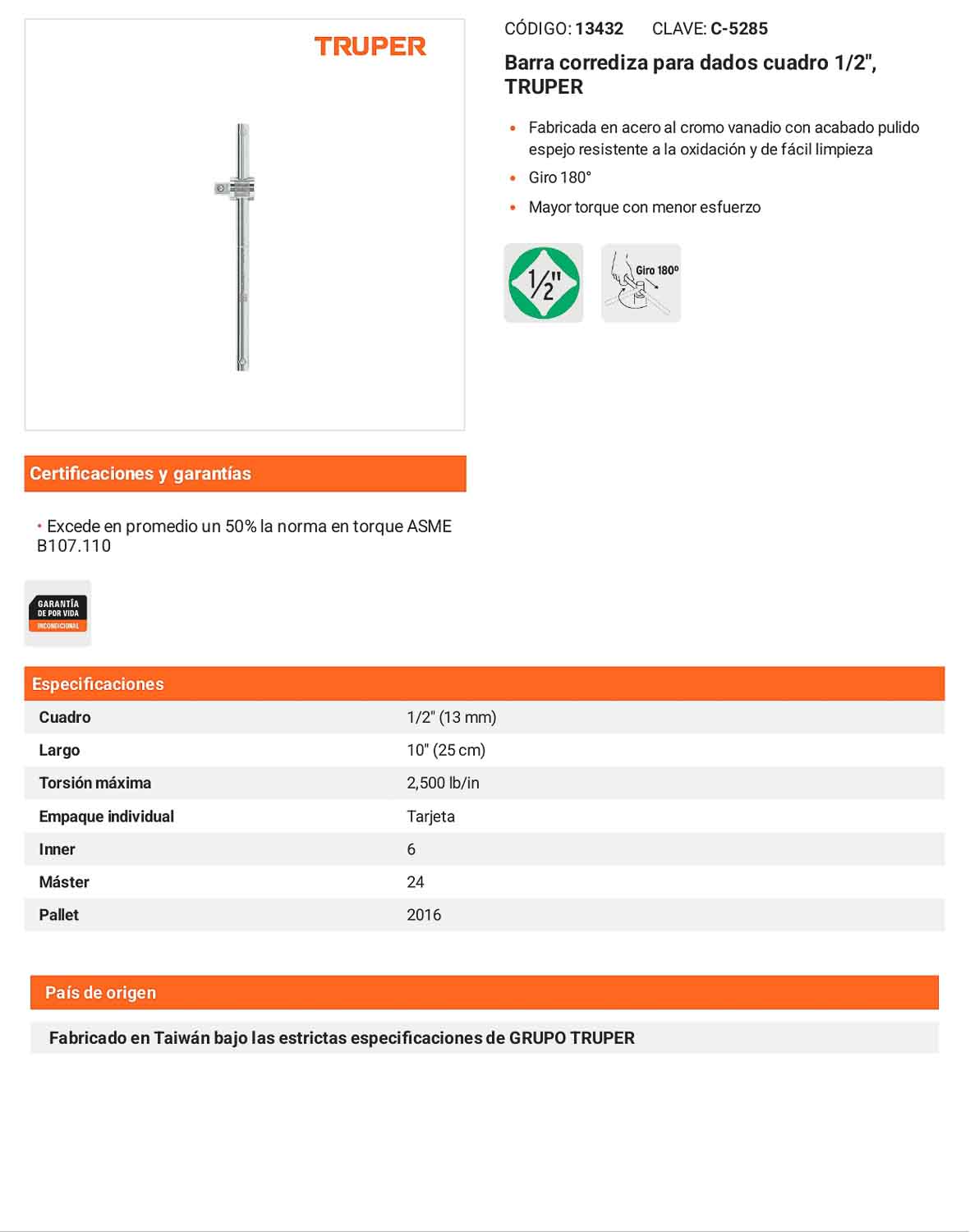 Barra corrediza para dados 1/2 pulg