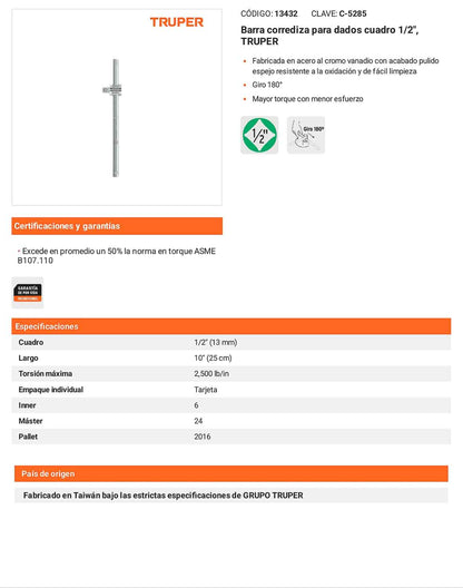 Barra corrediza para dados 1/2 pulg