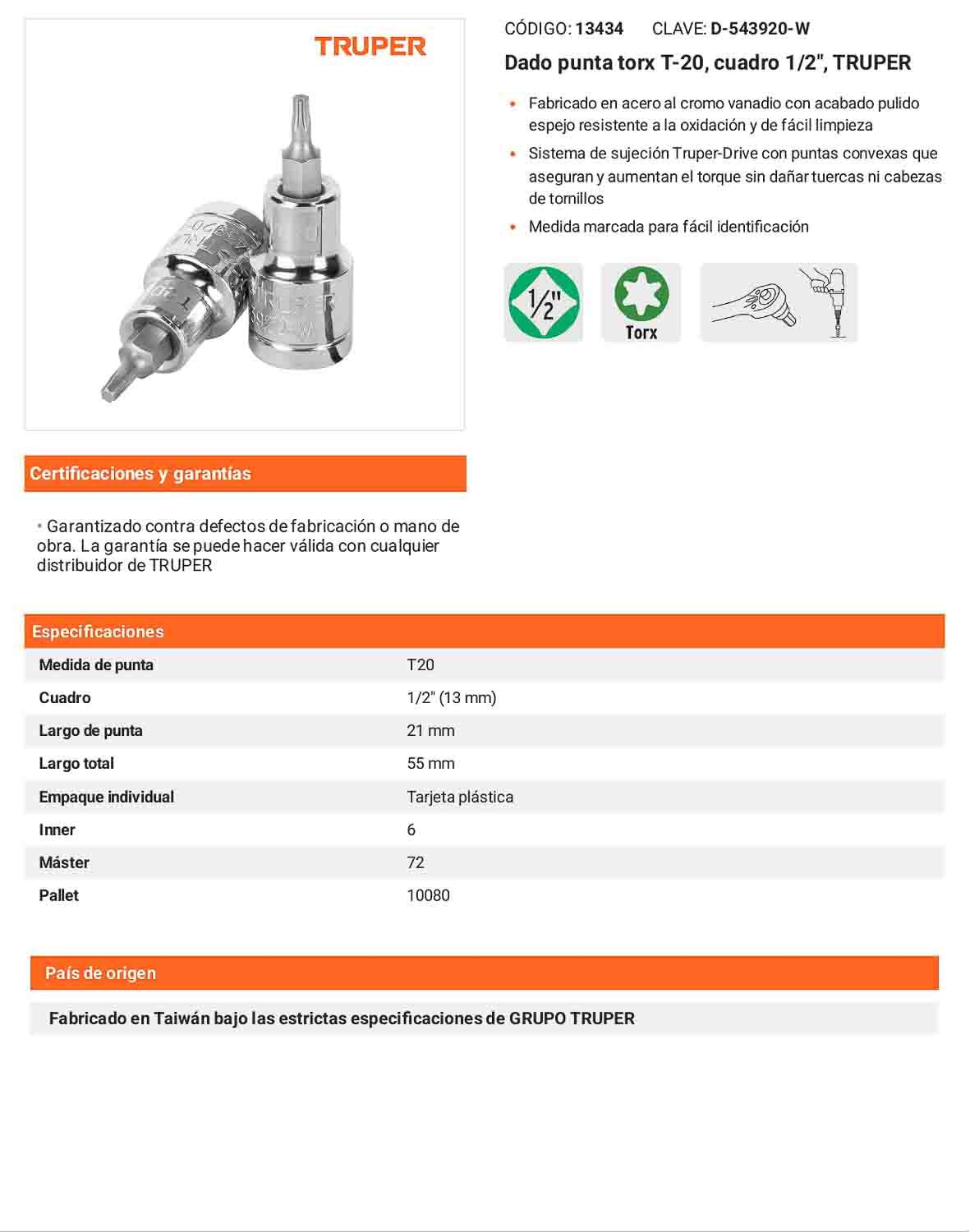 Dado punta torx T-20 cuadro 1/2pulg