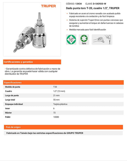 Dado punta torx T-20 cuadro 1/2pulg