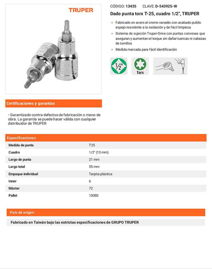 Dado punta torx T-25 cuadro 1/2pulg