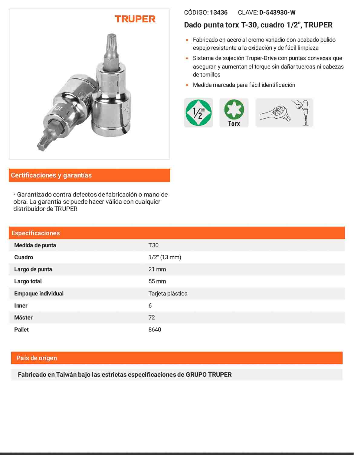 Dado punta torx T-30 cuadro 1/2pulg