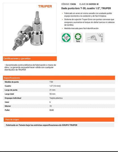 Dado punta torx T-30 cuadro 1/2pulg