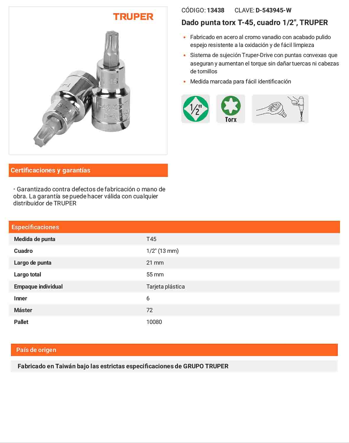 Dado punta torx T-45 cuadro 1/2pulg