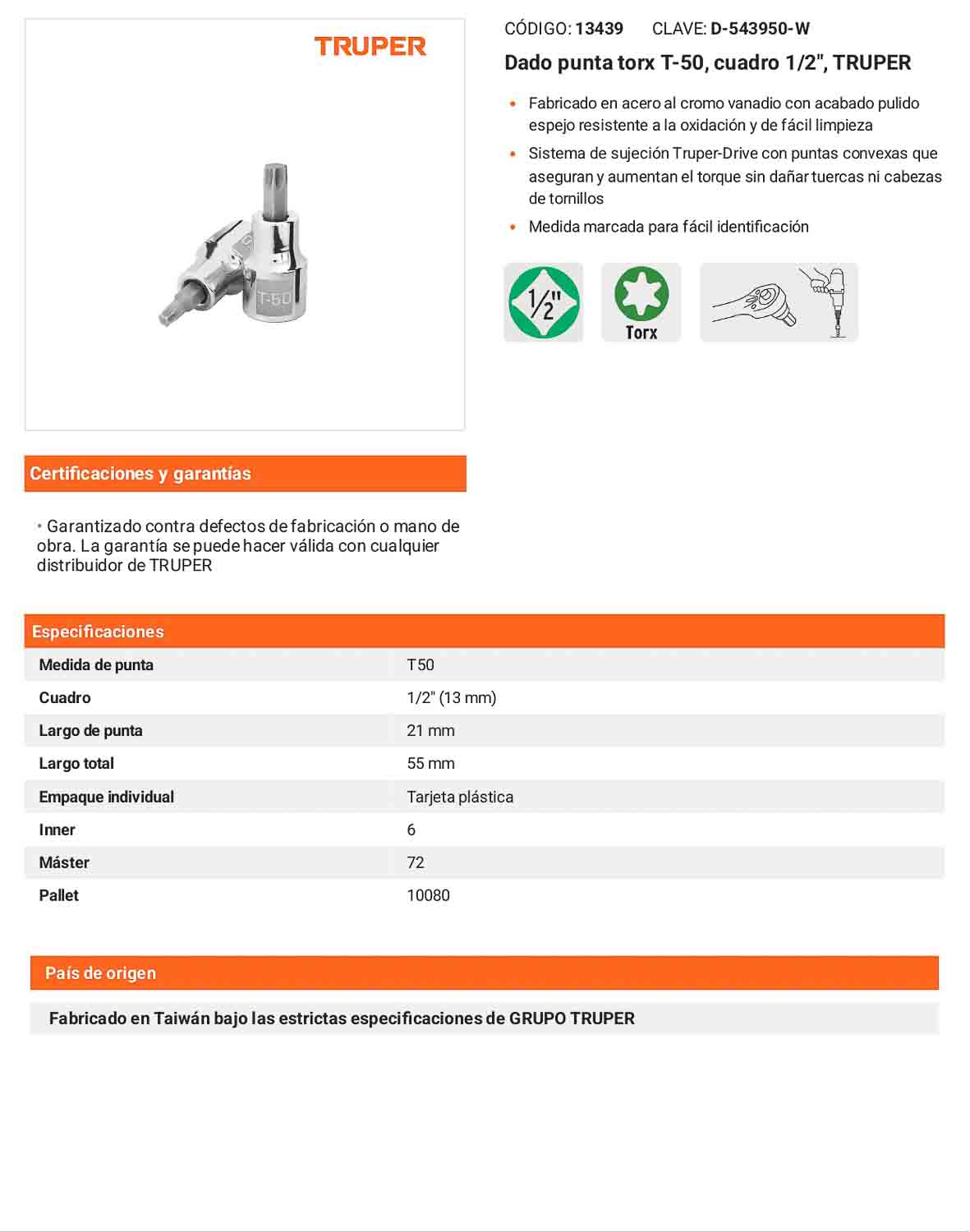 Dado punta torx T-50 cuadro 1/2pulg