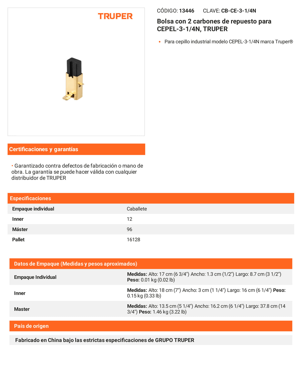 Ficha tecnica - 2 carbones para CEPEL-3-1/4N - SKU 13446