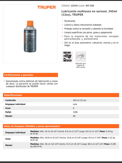Lubricante multiusos en aerosol de 345 ml