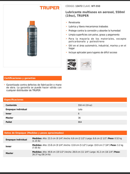 Lubricante multiusos en aerosol de 550 ml