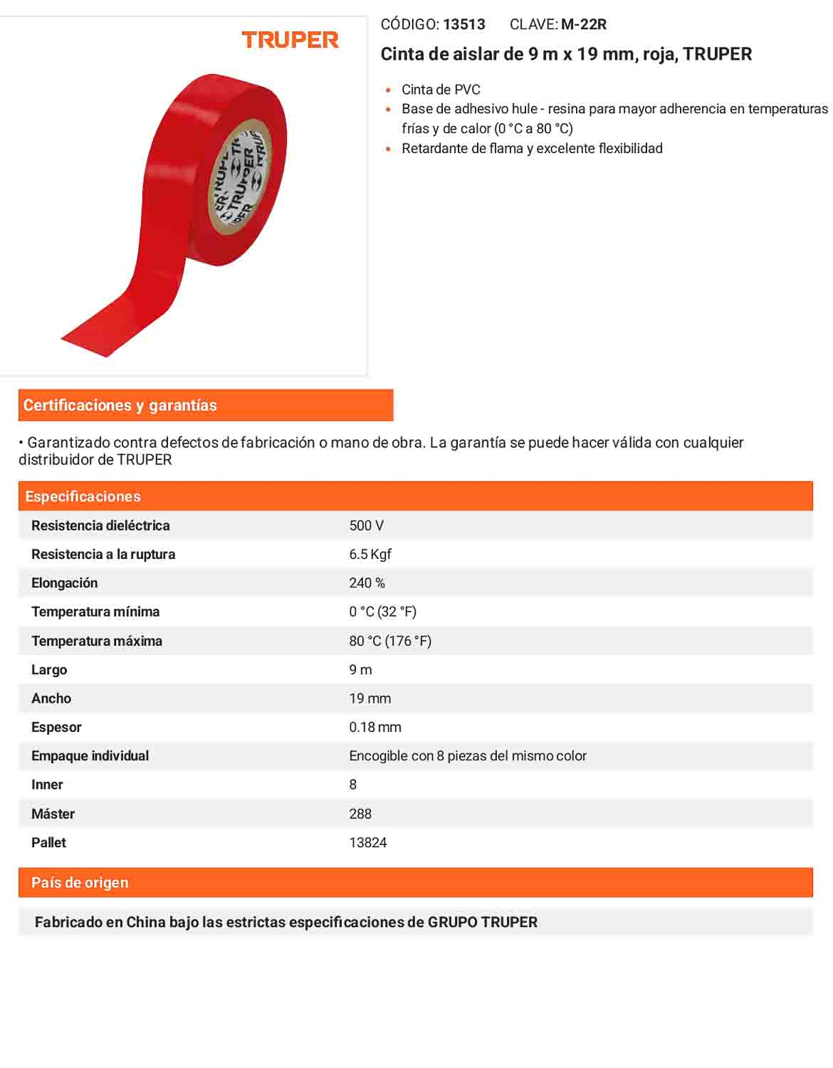 Cinta aislante 9 m x 19 mm roja