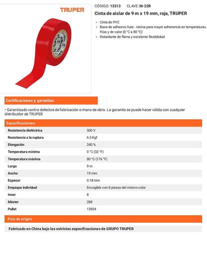 Cinta aislante 9 m x 19 mm roja