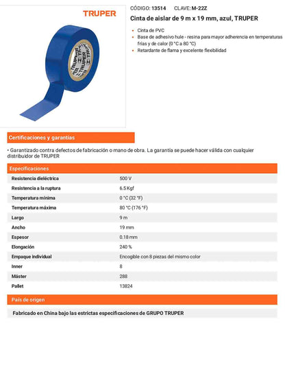 Cinta aislante 9 m x 19 mm azul