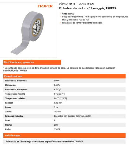 Cinta aislante 9 m x 19 mm gris