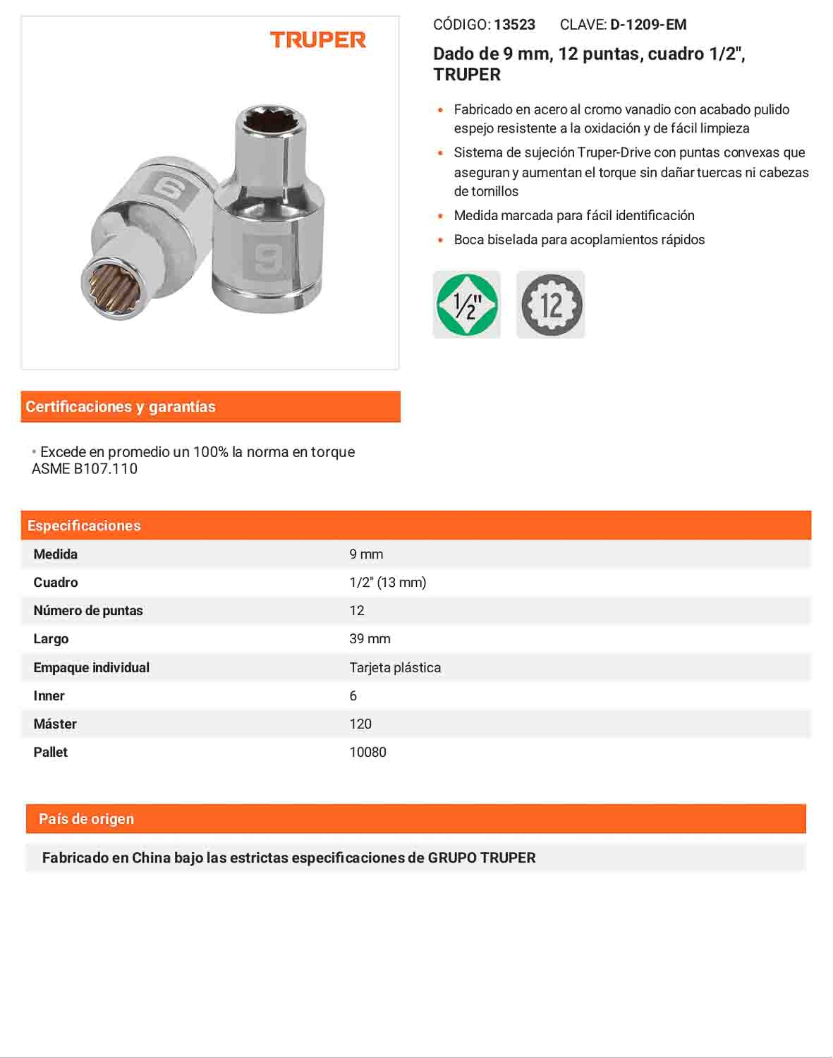 Dado 9 mm 12p cuadro 1/2pulg