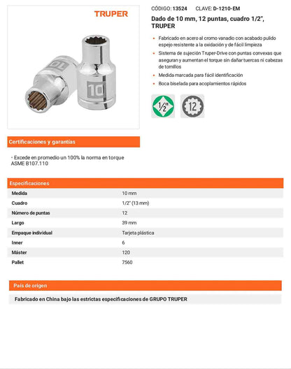 Dado 10 mm 12p cuadro 1/2pulg