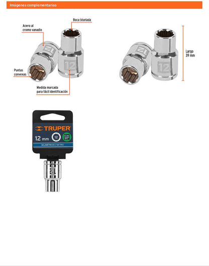 Dado 12 mm 12p cuadro 1/2pulg