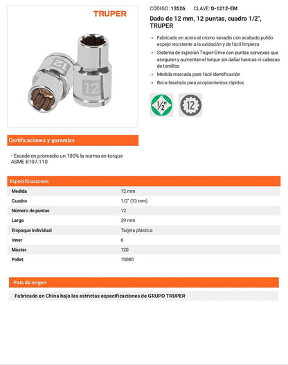 Dado 12 mm 12p cuadro 1/2pulg