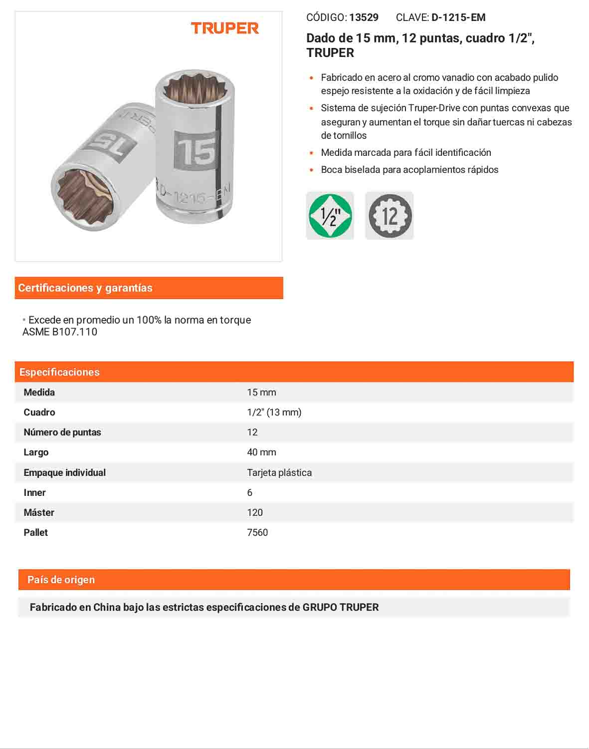 Dado 15 mm 12p cuadro 1/2pulg