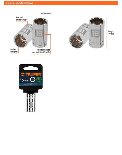 Dado 16 mm 12p cuadro 1/2pulg