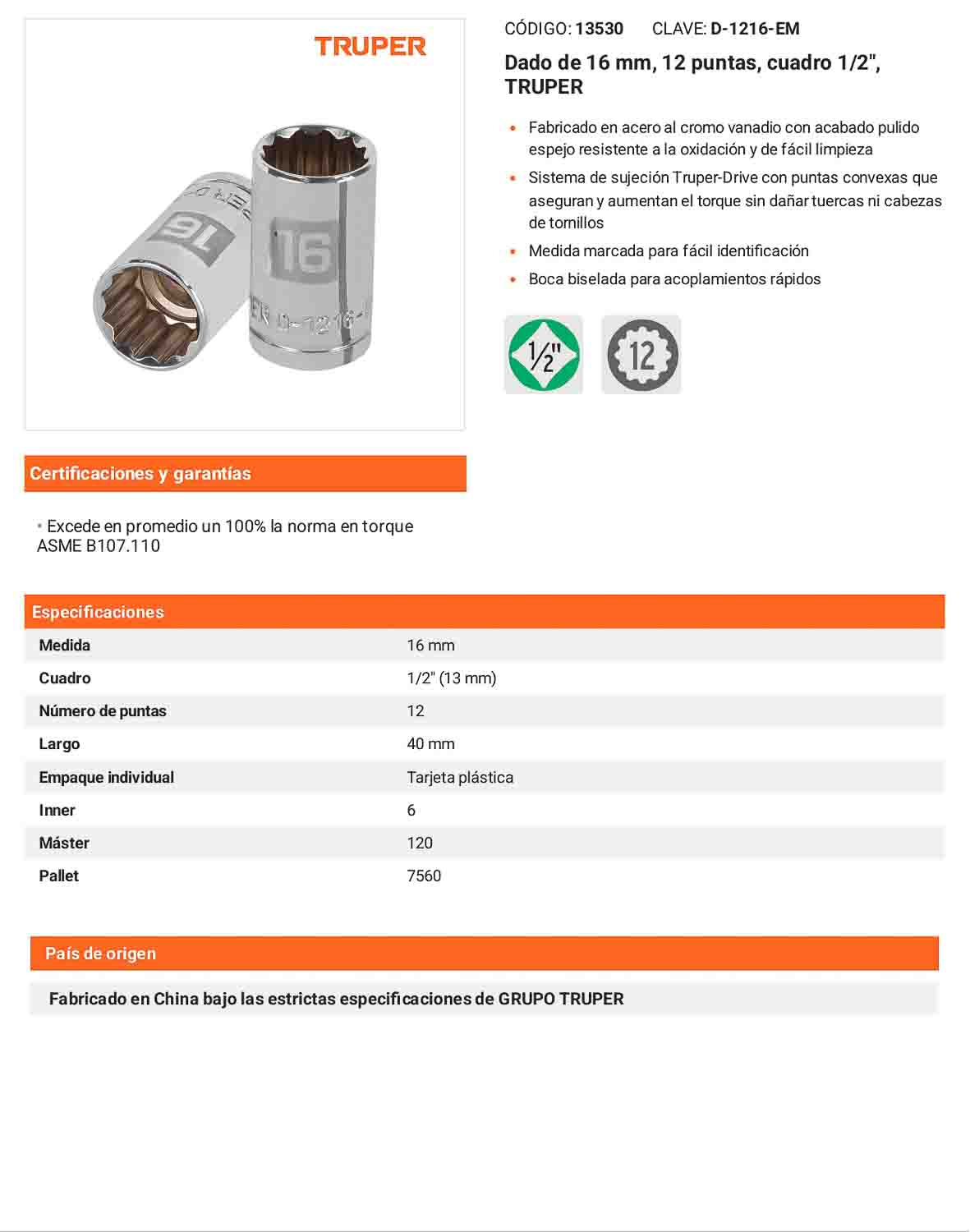 Dado 16 mm 12p cuadro 1/2pulg