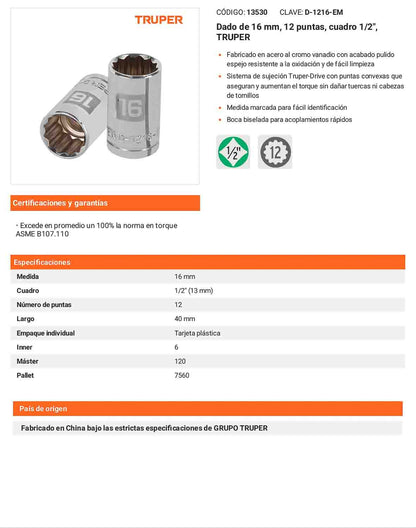 Dado 16 mm 12p cuadro 1/2pulg