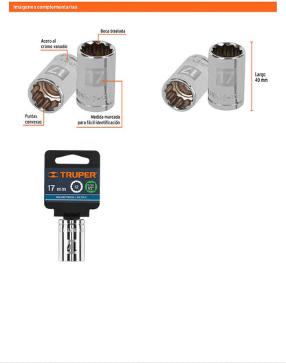 Dado 17 mm 12p cuadro 1/2pulg