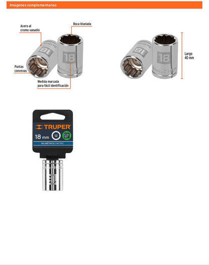 Dado 18 mm 12p cuadro 1/2pulg