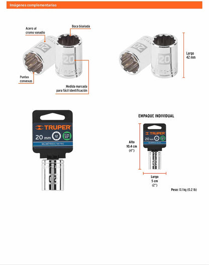 Dado 20 mm 12p cuadro 1/2pulg