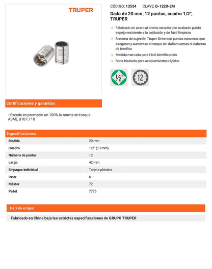 Dado 20 mm 12p cuadro 1/2pulg